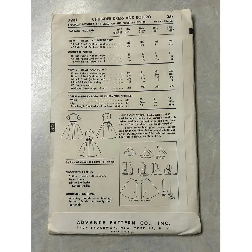Vintage 1950's Advance Pattern #7941‎ Girls Chub-Dub Flare Dress/Bolero Size 8.5